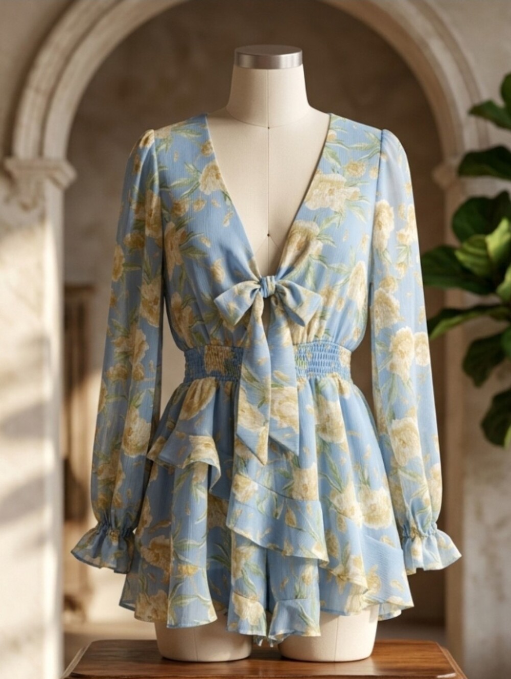 Floral Long Sleeve Tie Front Ruffled Romper Blue Yellow Mini Romper Size Medium